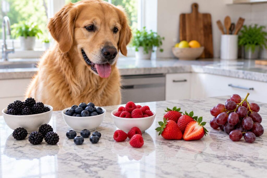 Fresh blackberries, blueberries, raspberries, strawberries, and grapes displayed beside a dog