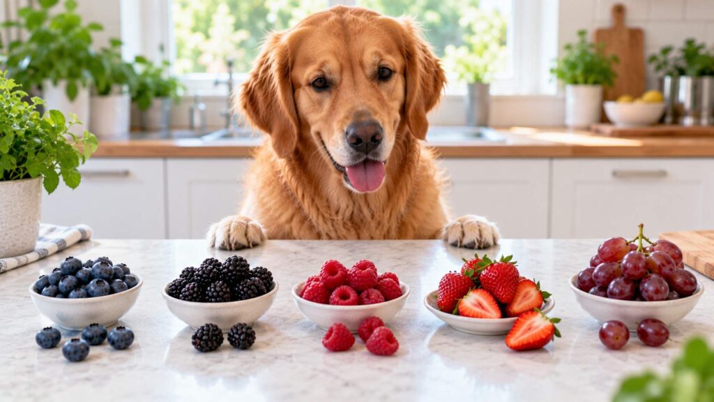 Dog looking at separate groups of blueberries, blackberries, raspberries, strawberries and grapes