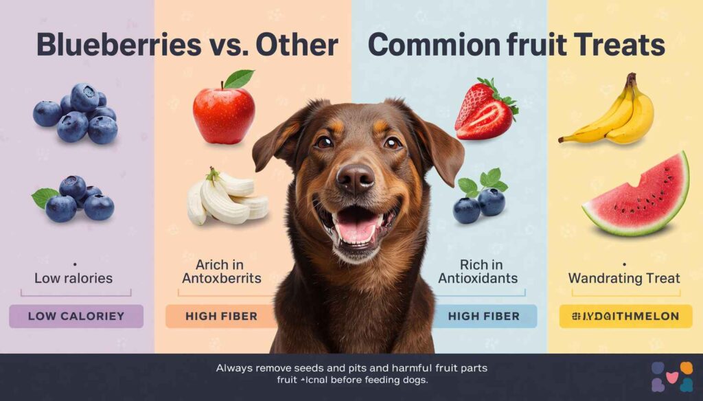 Dog surrounded by blueberries, apples, bananas, strawberries, and watermelon in a fruit comparison infographic for dogs.