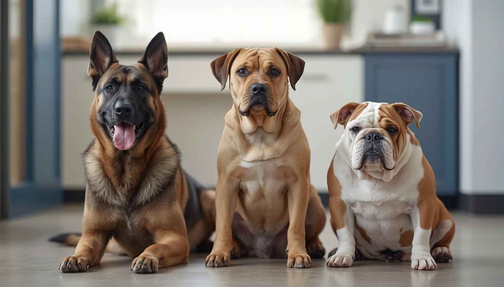 Different dog breeds at a veterinary clinic showing breed-specific digestive sensitivities