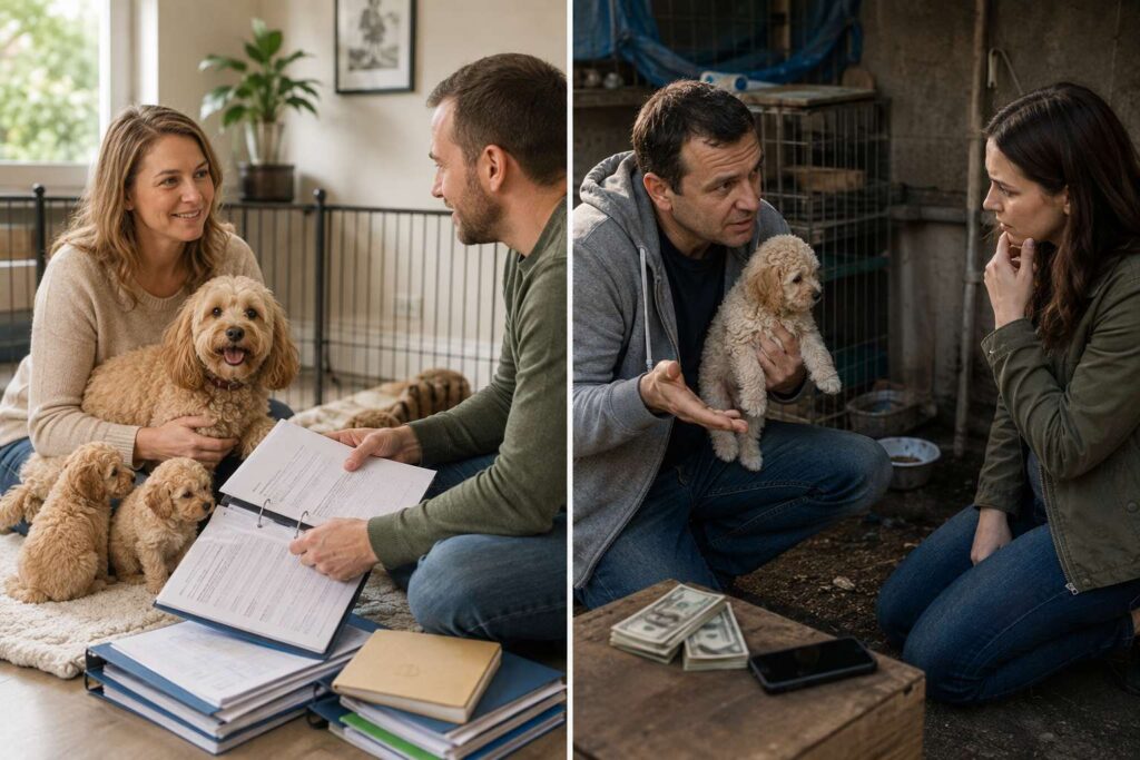 Responsible Cavapoochon breeder compared with a concerning puppy seller who cannot provide clear health records
