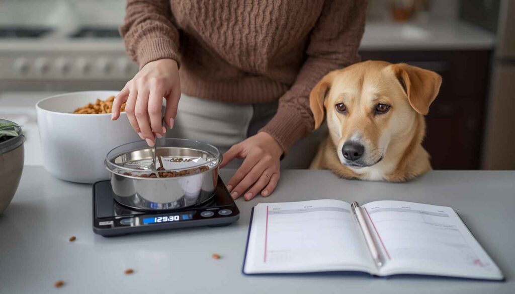 Dog owner measuring daily food portions and preparing small meals for a dog with acid reflux.
