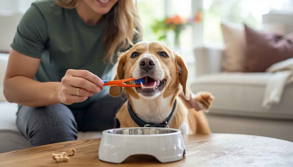 Dog owner following a daily dental care routine with a happy dog