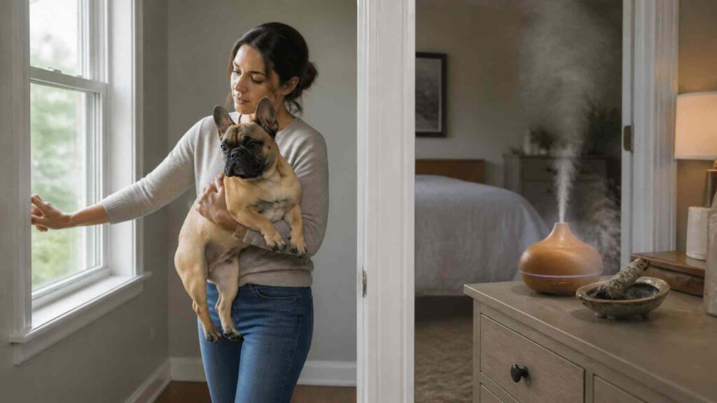 Dog owner moving a French Bulldog away from burning sage and an essential oil diffuser in a well-ventilated home.