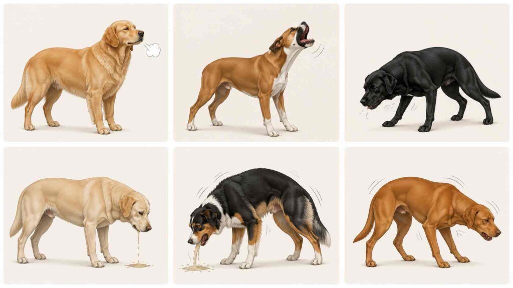Veterinary comparison showing burping, gagging, coughing, regurgitation, vomiting, and dry heaving in dogs.