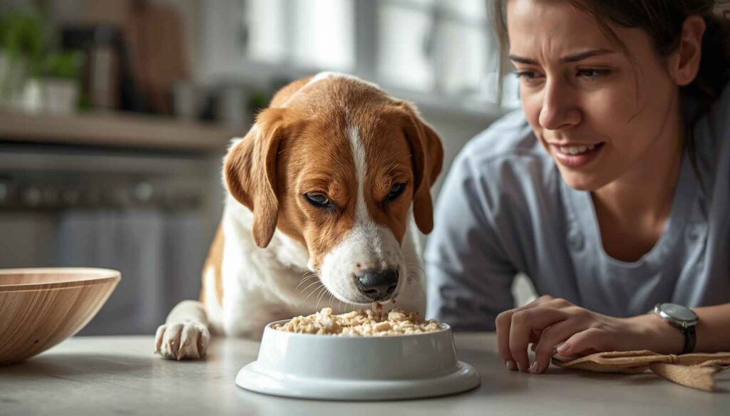 Dog eating chicken and rice meal that may cause yellow poop in dogs