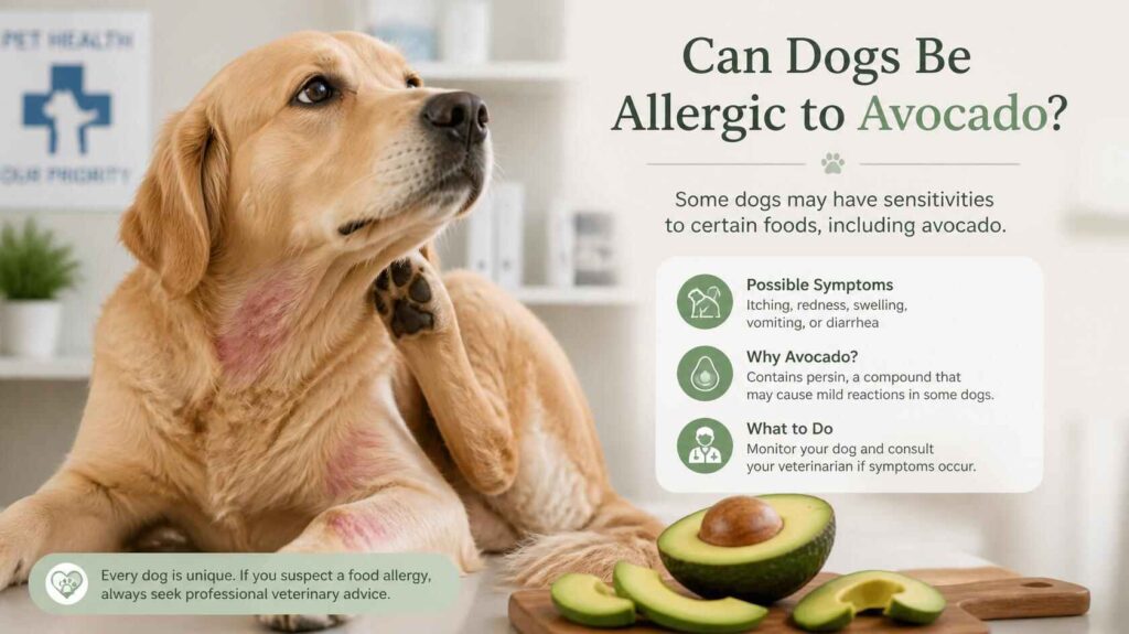 Dog showing allergy symptoms near avocado slices in a veterinary-style setting