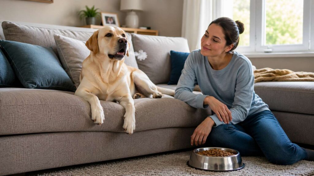 Healthy Labrador burping gently after eating while relaxing on a living room sofa.