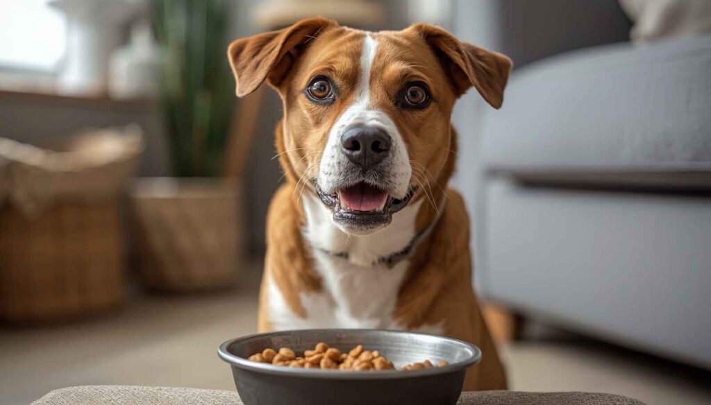Dog sitting indoors after eating food and appearing to burp