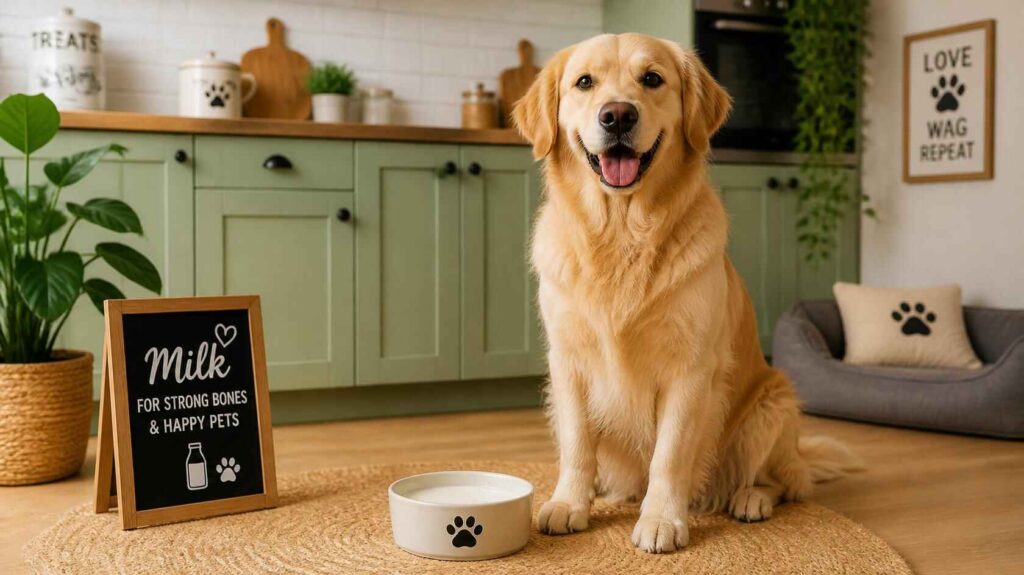 Can dogs drink milk safely while sitting beside a bowl of milk in a cozy kitchen setting