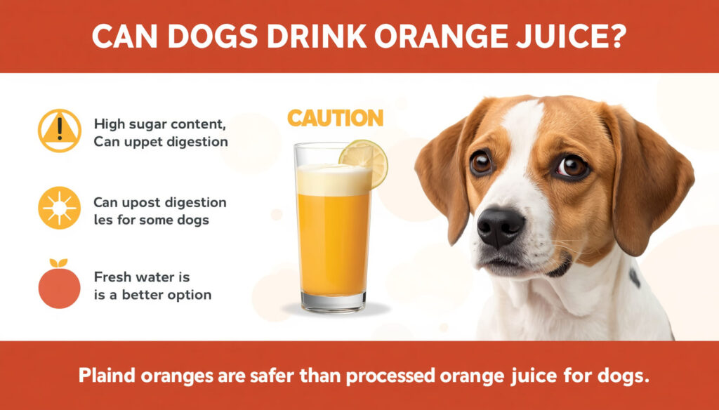 Curious dog looking at a glass of orange juice with caution symbols warning about sugar and acidity for dogs.
