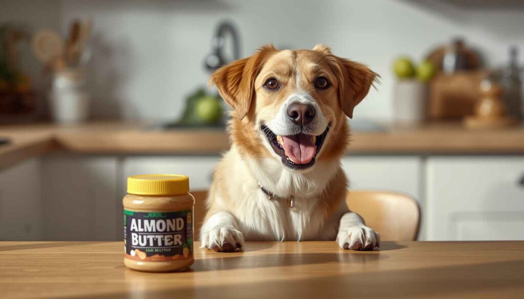A happy golden retriever sitting next to a jar of almond butter on a kitchen counter, looking excited