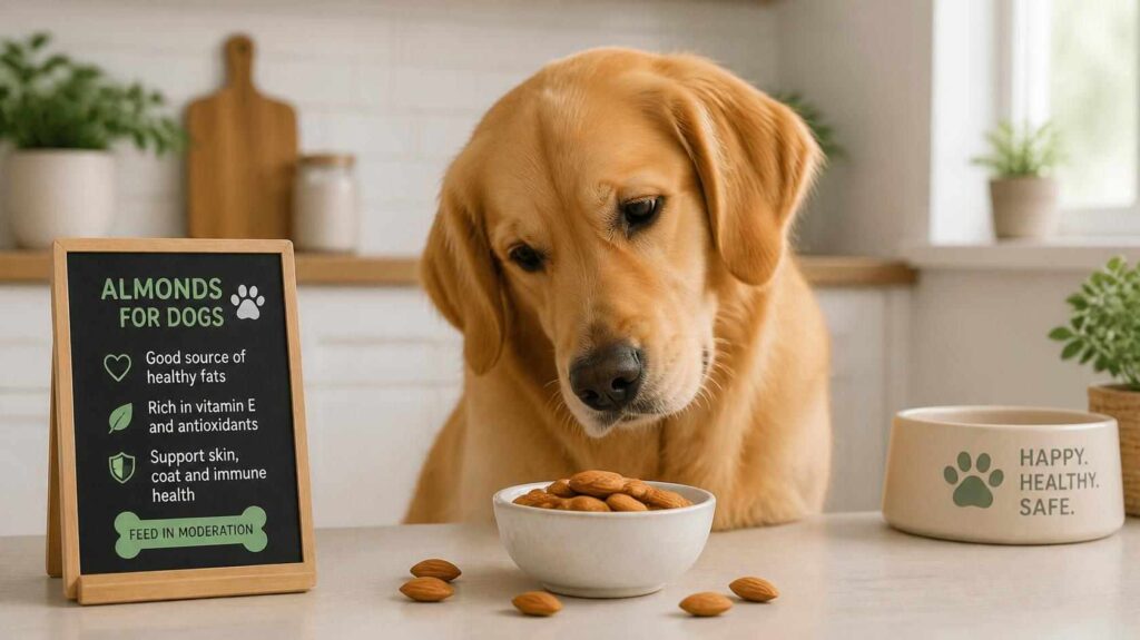 Curious dog beside a bowl of almonds in a clean kitchen setting