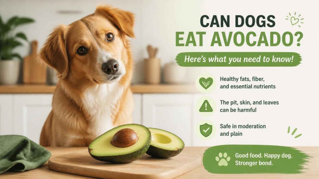 Dog sitting beside sliced avocado showing whether avocado is safe or dangerous for dogs
