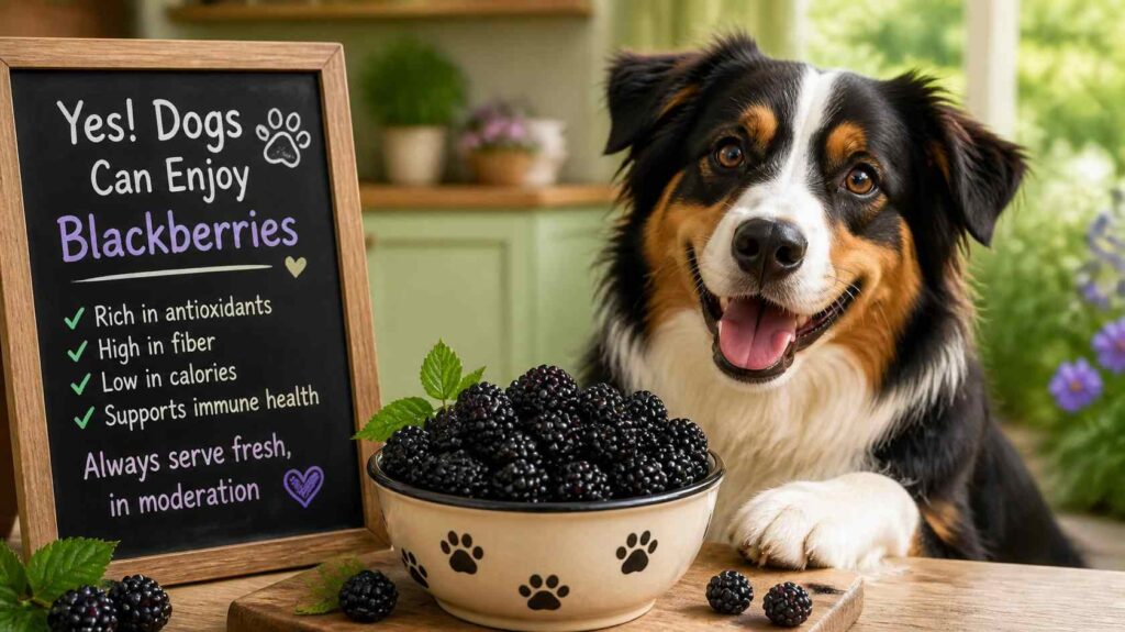 Can dogs eat blackberries safely while sitting beside a bowl of fresh blackberries in a natural setting