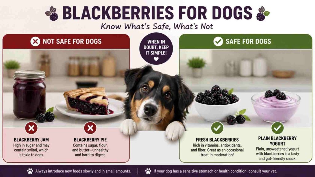 Dog beside blackberry jam pie and yogurt showing safe and unsafe blackberry foods for dogs