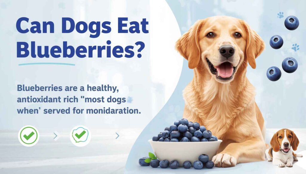 Happy dog sitting beside a bowl of fresh blueberries with text “Can Dogs Eat Blueberries?” in a colorful pet health infographic.