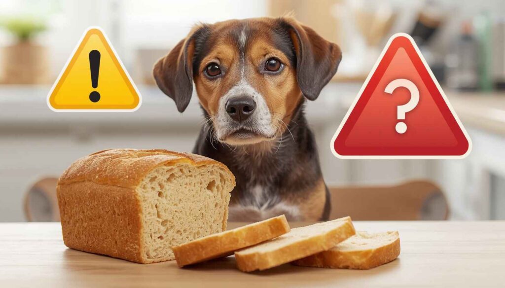 Curious dog sitting beside sliced bread on kitchen table