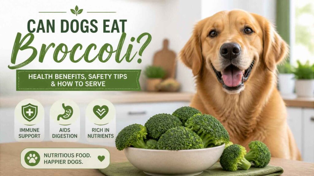Happy dog sitting beside fresh broccoli florets on a clean kitchen background