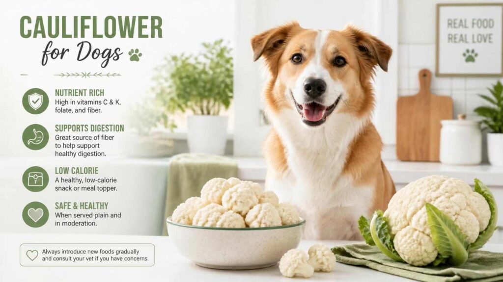 Can dogs eat cauliflower safely while sitting beside fresh cauliflower florets in a kitchen setting