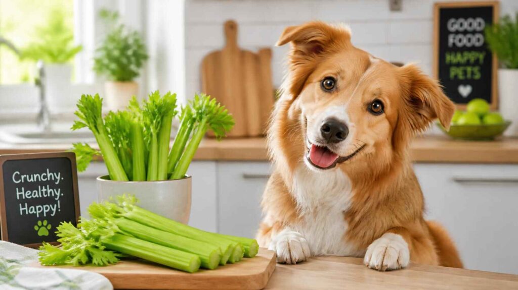 Happy dog sitting beside fresh celery sticks in a kitchen showing celery as a healthy snack for dogs
