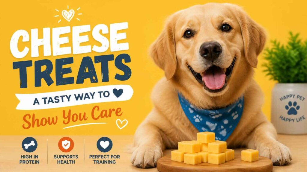 Happy dog sitting near cheese cubes on a clean background showing whether dogs can safely eat cheese