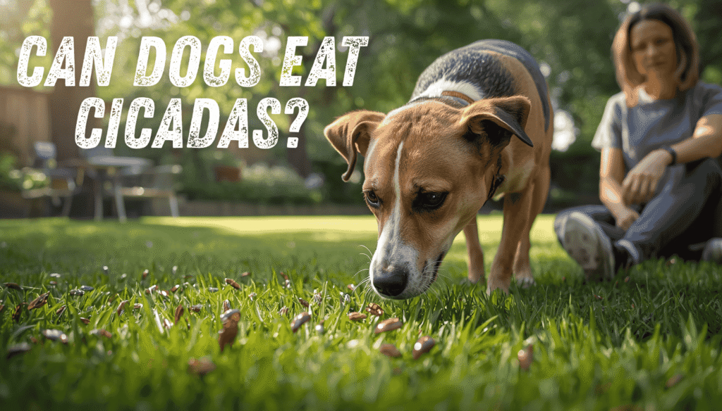 Curious dog sniffing cicadas on grass outdoors during summer.