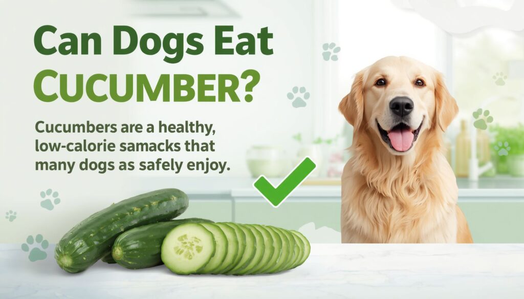 Happy dog sitting beside sliced cucumbers with text “Can Dogs Eat Cucumber?” in a colorful pet health infographic.