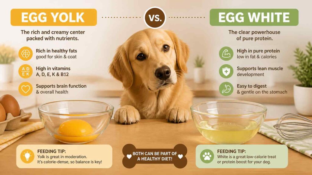 Comparison of egg yolk and egg white beside a curious dog in a kitchen setting