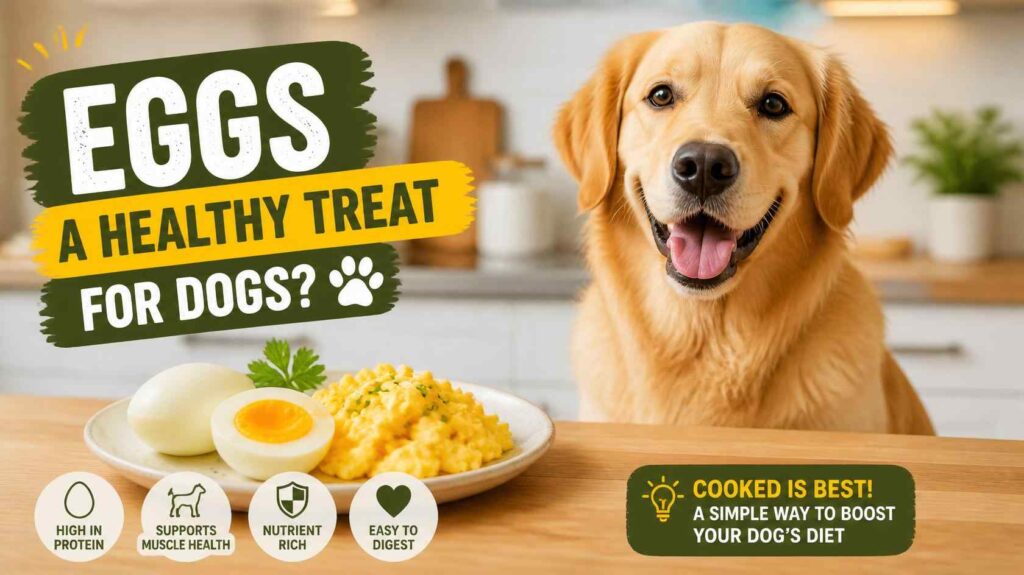 Happy dog beside cooked eggs in a clean kitchen setting with healthy food styling