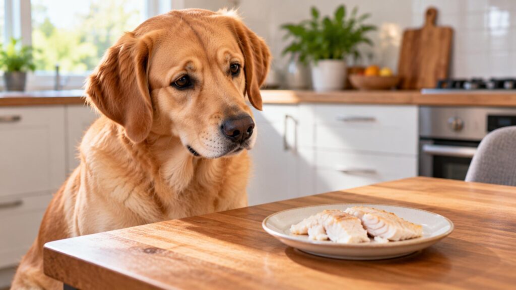 Labrador looking at a plate of plain cooked boneless fish