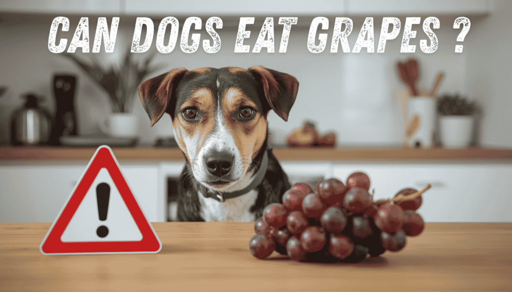 Concerned dog sitting near a bunch of grapes with warning sign and text “Can Dogs Eat Grapes?” highlighting grape toxicity in dogs.
