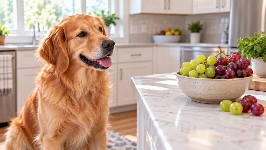 Dog sitting near a kitchen counter with green and red grapes kept out of reach