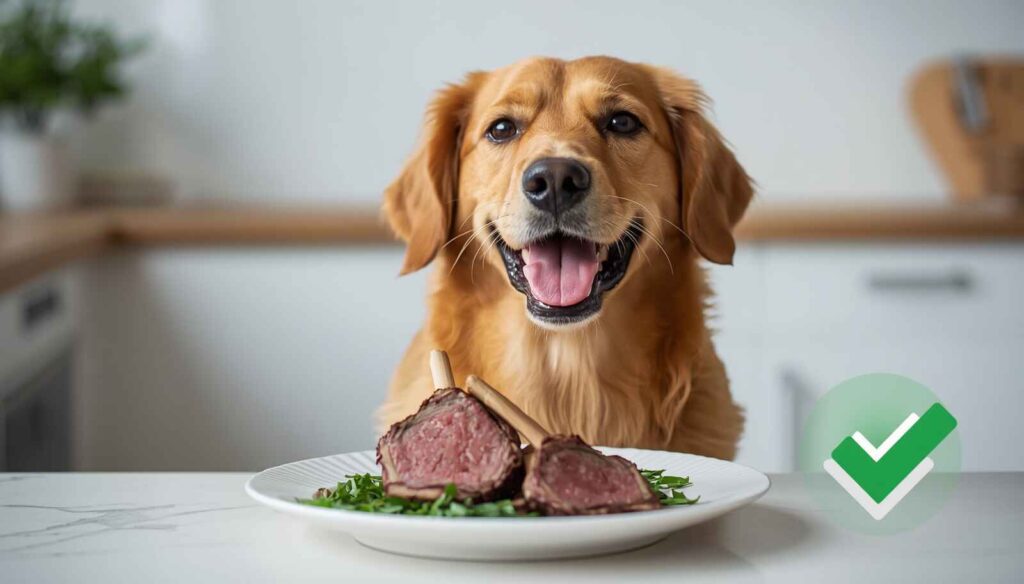 A golden retriever sitting in front of a plate of cooked lamb with a green checkmark, indicating lamb is safe for dogs to eat