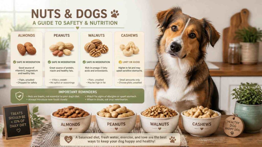 Can dogs eat nuts safely while sitting beside almonds peanuts walnuts and cashews on a table