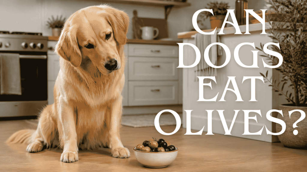 Curious dog beside a bowl of green and black olives in a clean kitchen setting