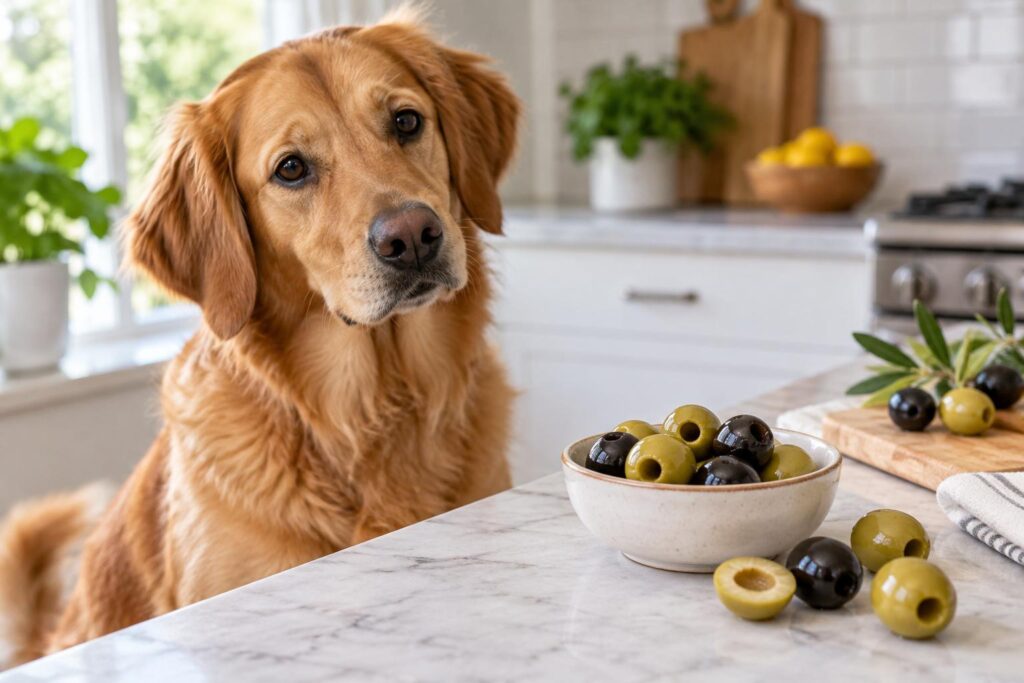 Dog sitting beside a bowl of plain green and black pitted olives