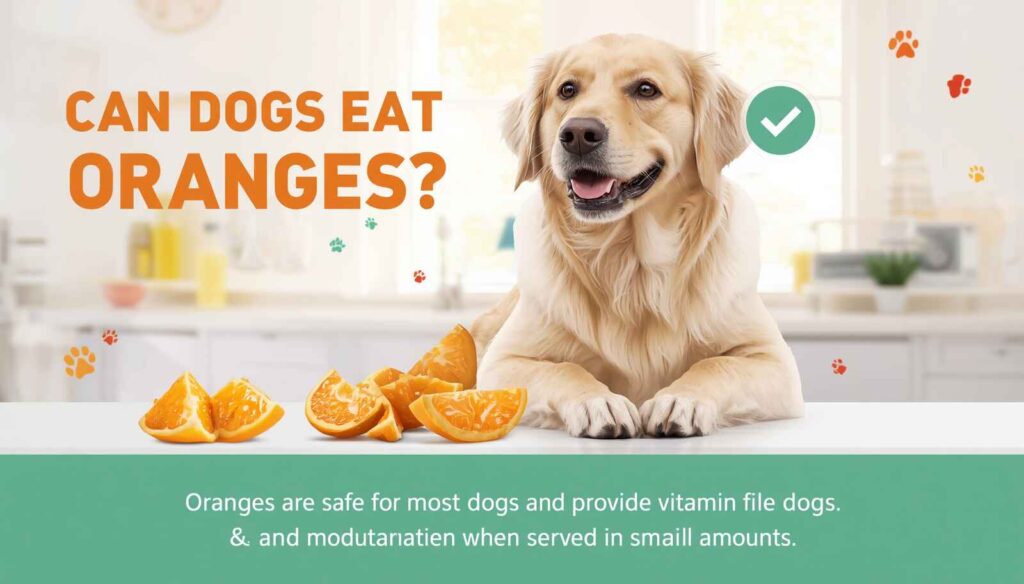 Happy dog sitting beside peeled orange slices with text “Can Dogs Eat Oranges?” in a colorful pet health infographic.