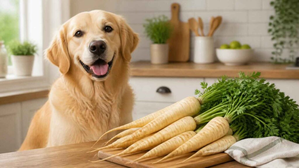Happy dog beside fresh parsnips in a clean kitchen setting with healthy food styling