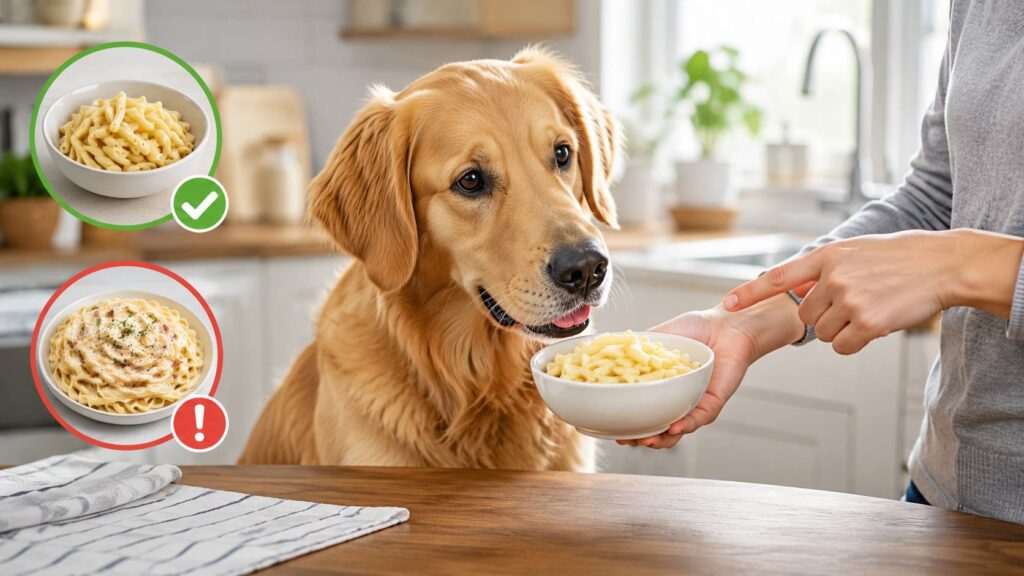 Golden Retriever looking at a bowl of plain cooked pasta beside a dining table