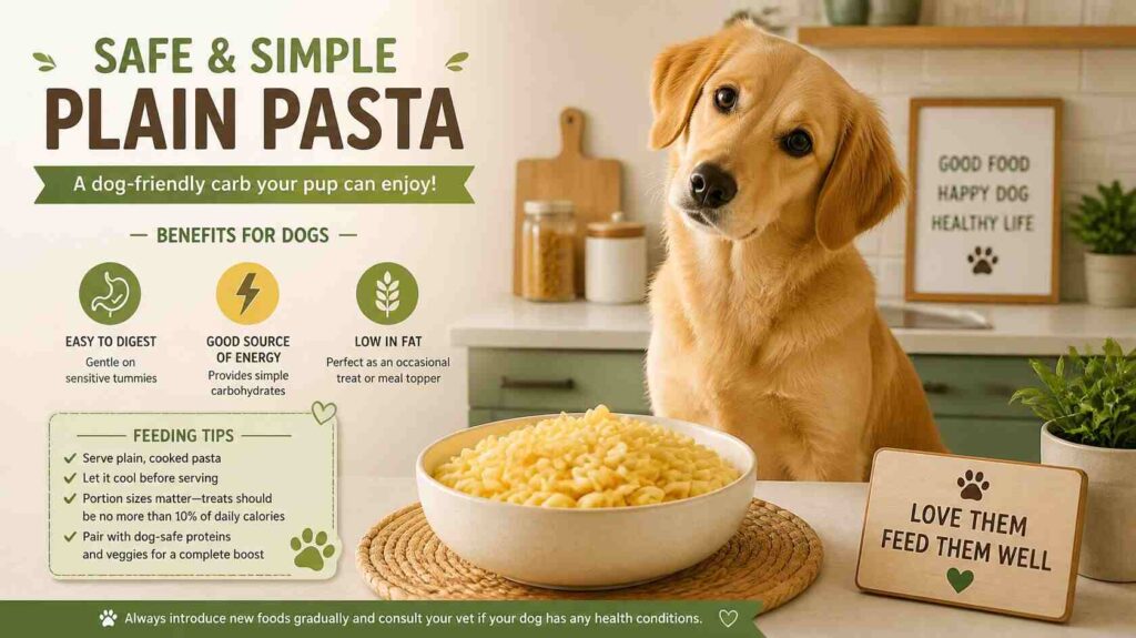 Curious dog sitting beside a bowl of plain cooked pasta in a clean kitchen setting