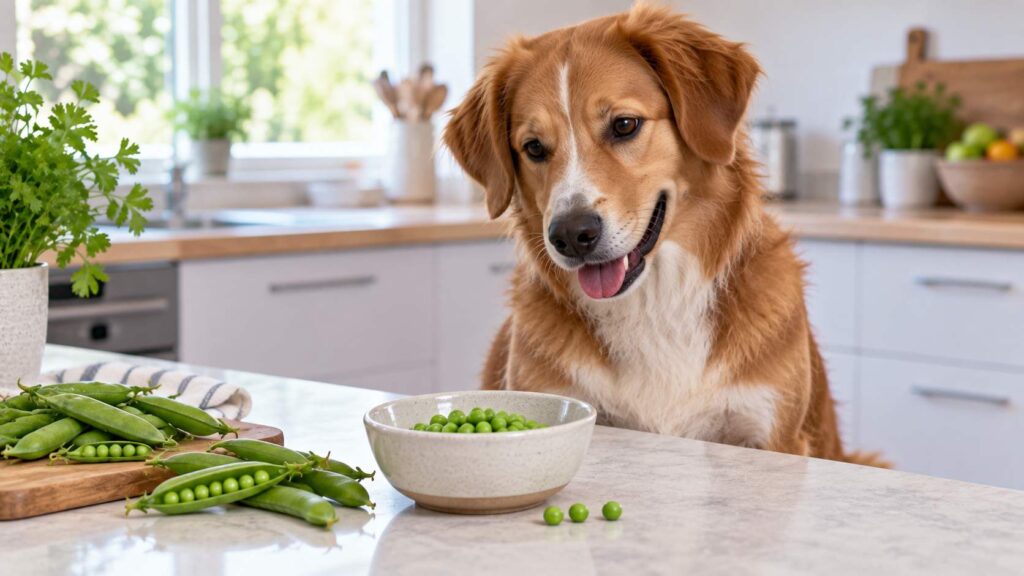 Healthy dog sitting beside a small bowl of plain green peas in a kitchen
