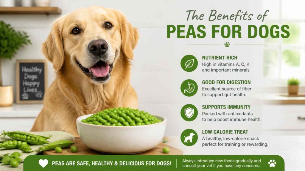 Happy dog beside a bowl of fresh green peas in a clean kitchen setting