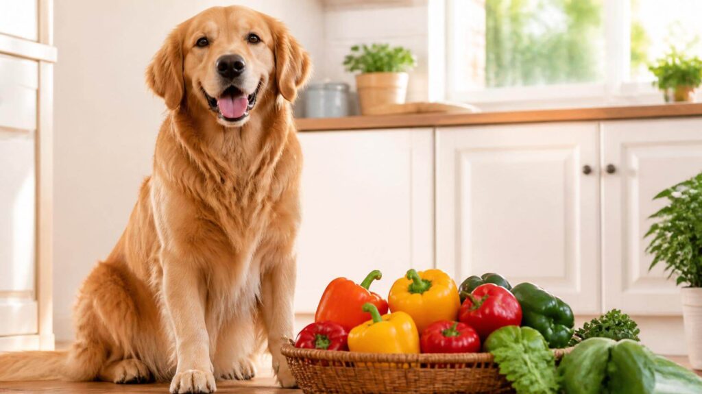 Dog sitting beside colorful bell peppers in a clean kitchen setting
