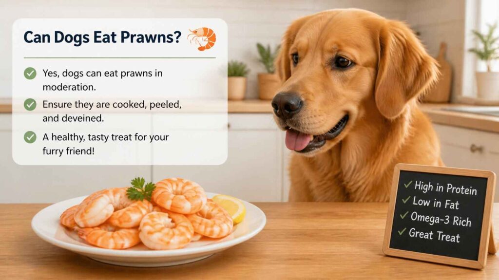 Curious dog sitting beside a plate of cooked prawns in a clean kitchen environment
