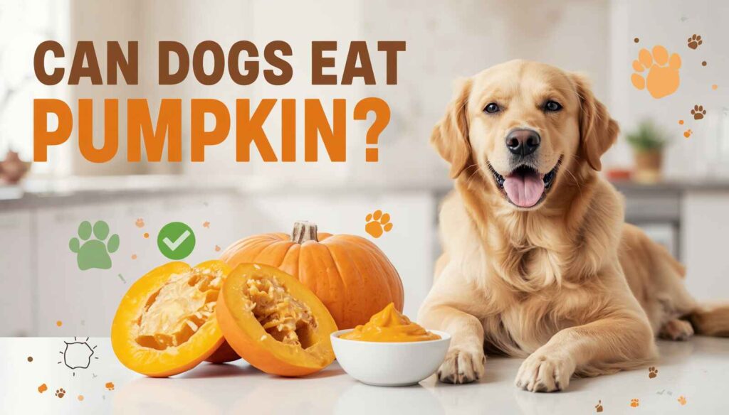 Happy dog sitting beside fresh pumpkin slices and pumpkin puree with text “Can Dogs Eat Pumpkin?” in a pet health infographic.