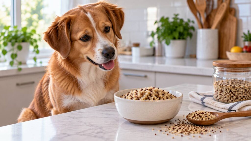 Healthy dog sitting beside a small bowl of plain cooked quinoa