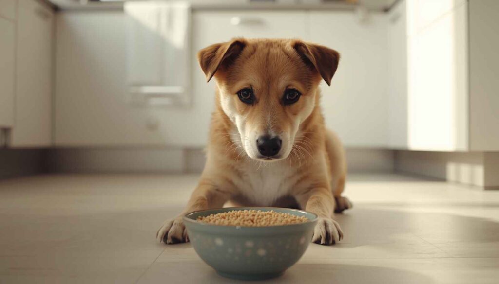 Dog looking at a bowl of cooked quinoa – can dogs eat quinoa safely