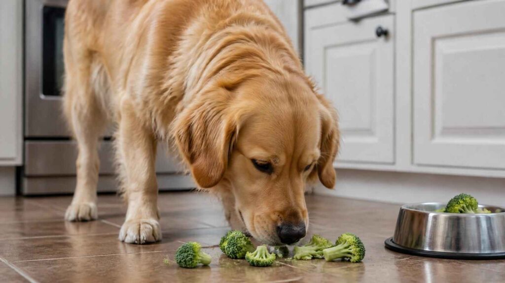 Dog sniffing raw broccoli pieces near a feeding bowl in a natural kitchen setting