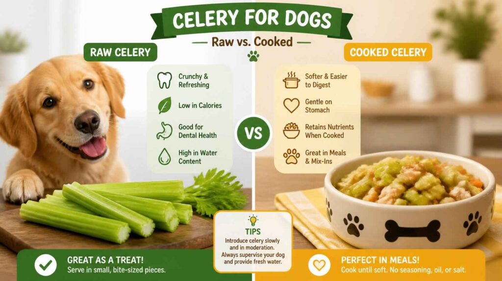 Comparison of raw celery and cooked celery served safely for dogs in a split-screen design